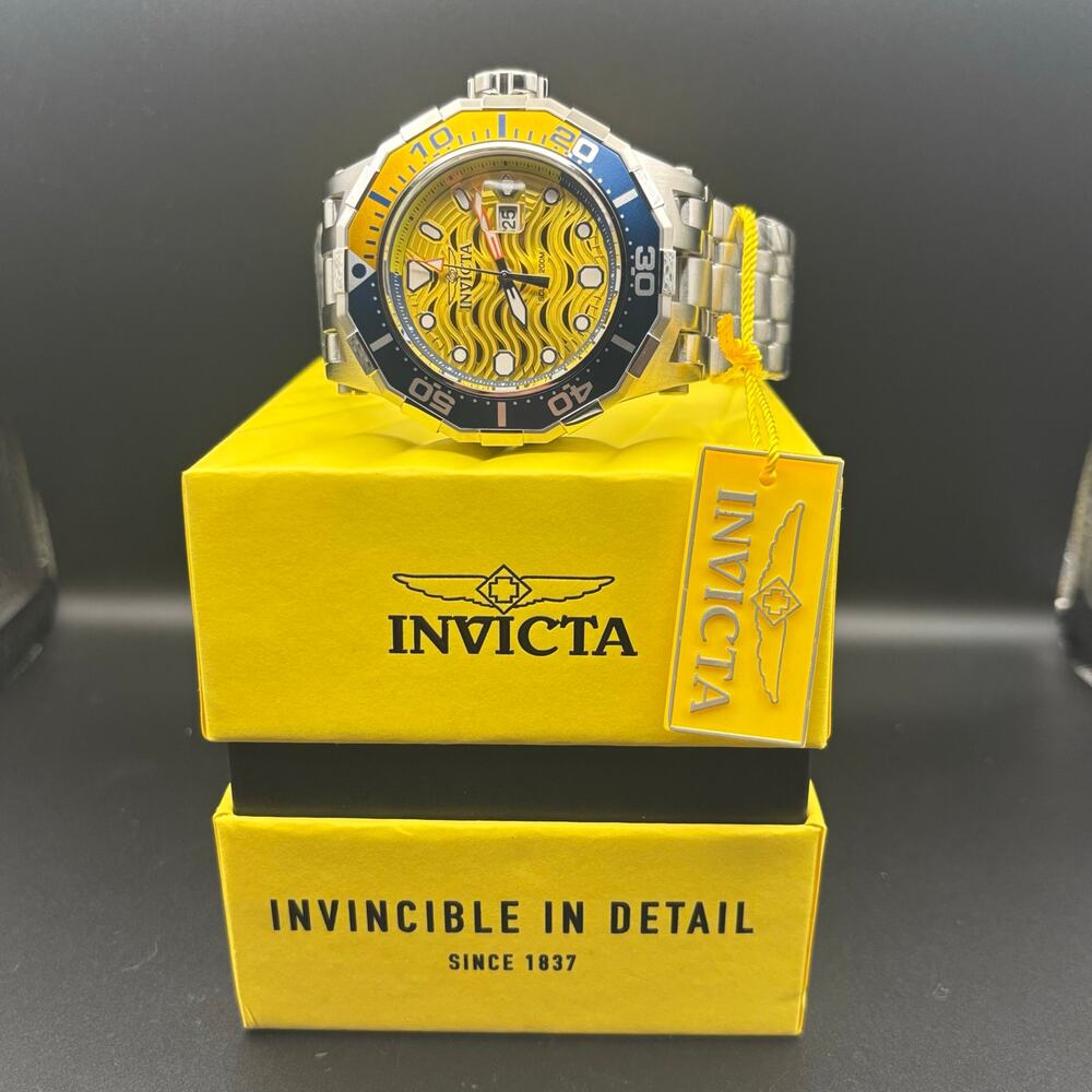 Invicta 47844 Pro Diver Wave Scuba Yellow Dial Blue Bezel Steel Alum Men's Watch - Picture 3 of 16